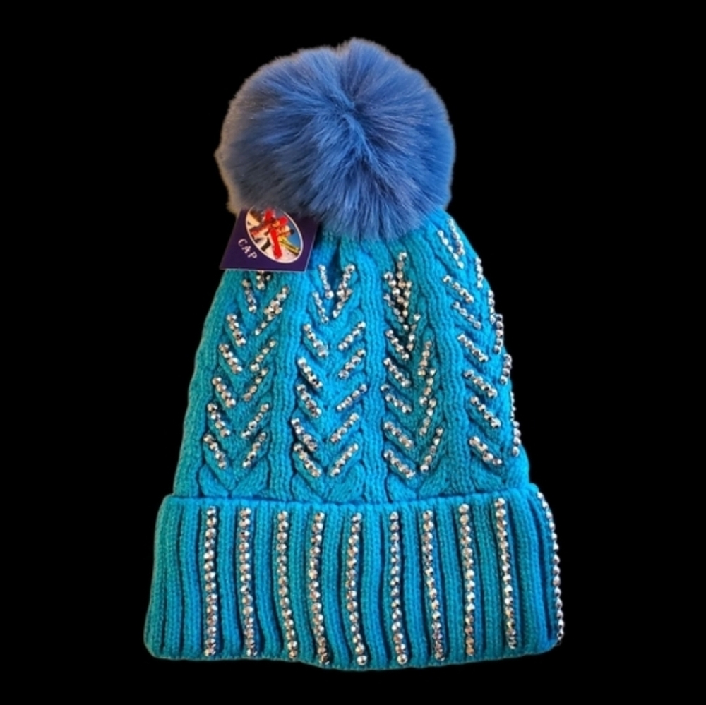 Ski Hat - Blue Knit Beanie with a Pom Pom & Furry Lining